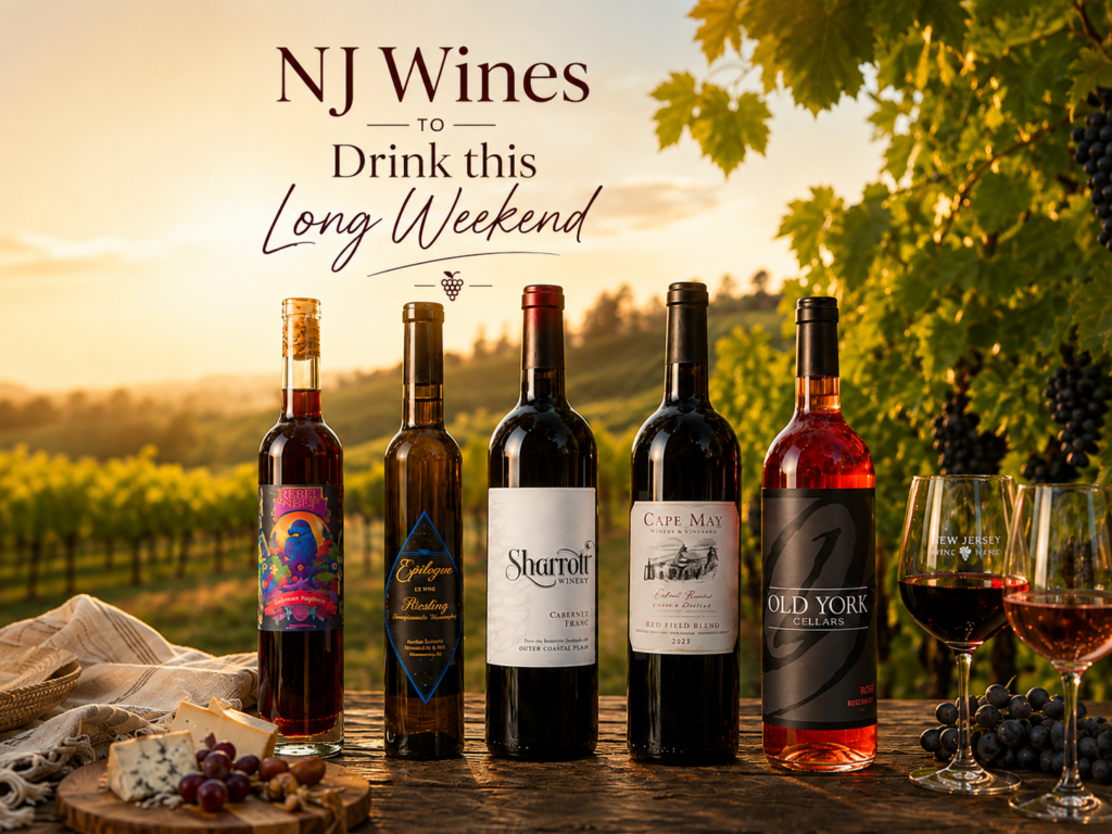 New Jersey wines displayed at golden hour in a vineyard with bottles from Rebel Sheep Wine Co., Tomasello Winery, Sharrott Winery, Cape May Winery, and Old York Cellars.