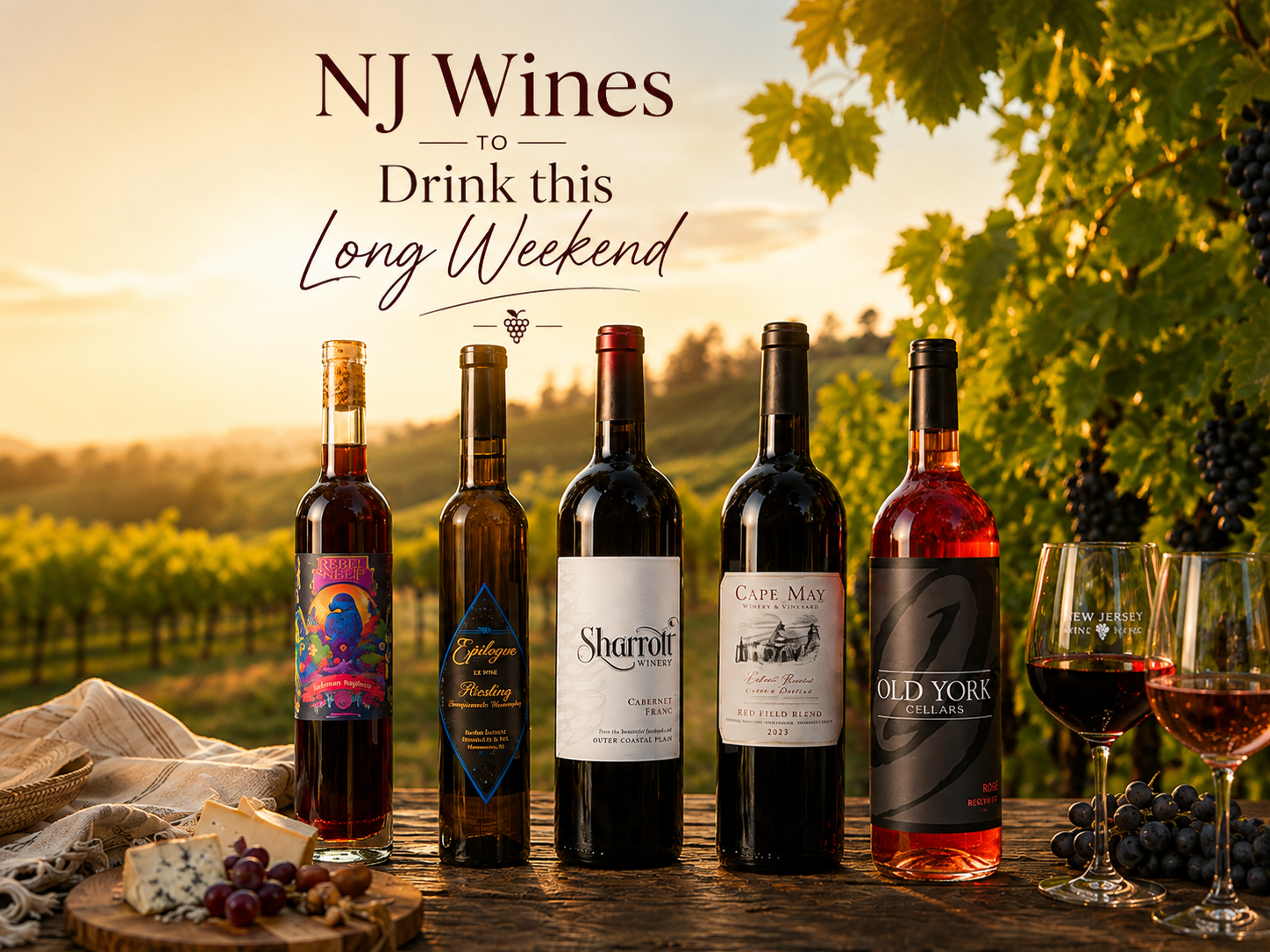 New Jersey wines displayed at golden hour in a vineyard with bottles from Rebel Sheep Wine Co., Tomasello Winery, Sharrott Winery, Cape May Winery, and Old York Cellars.