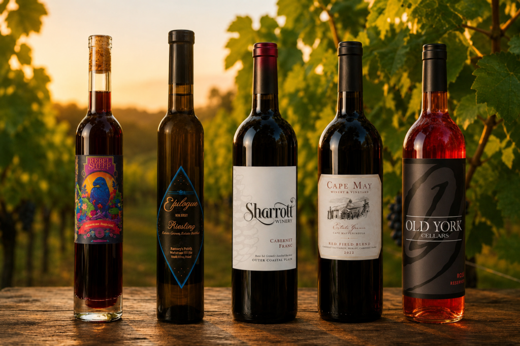 Five New Jersey wines displayed in a vineyard, featuring Rebel Sheep Wine Co. Bohemian Raspberry, Tomasello Winery Epilogue Riesling Ice Wine, Sharrott Winery Cabernet Franc, Cape May Winery Estate Red Field Blend 2023, and Old York Cellars Rosé Reserve 2025.
