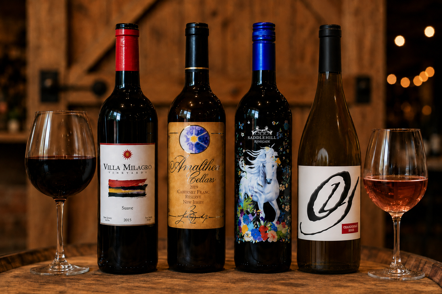 New Jersey wines including Saddlehill Renegade 2023, Amalthea Cellars Cabernet Franc 2021 Limited Edition, Villa Milagro Vineyards Suave 2020, and Old York Cellars Chardonnay 2025 displayed with wine glasses in a rustic winery setting.
