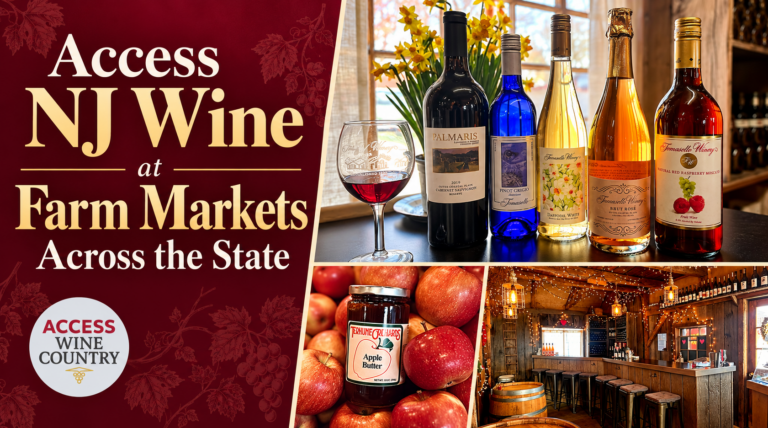 Collage of New Jersey wines, a farm-market tasting room, and orchard apples with the title Access NJ Wine at Farm Markets Across the State