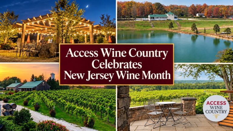 Winery collage with the title Access Wine Country Celebrates New Jersey Wine Month and Access Wine Country logo.