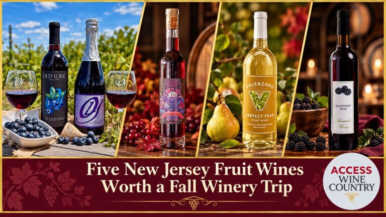 Fruit wine bottle collage with the title Five New Jersey Fruit Wines Worth a Fall Winery Trip and the Access Wine Country logo