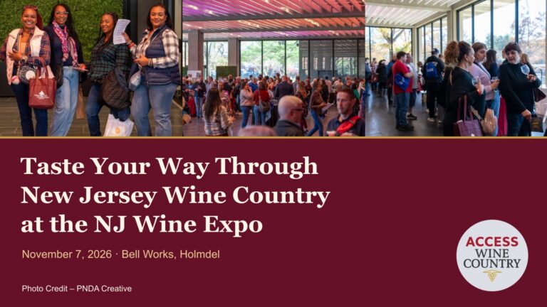 NJ Wine Expo photo collage with the article title, November 7, 2026 date, Bell Works location and Access Wine Country logo. Photos by PNDA Creative.