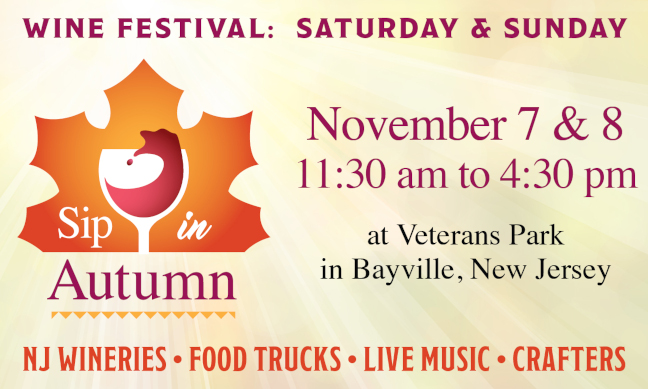 Sip in Autumn Wine Festival poster with November 7&ndash;8 dates, Bayville location and event hours.