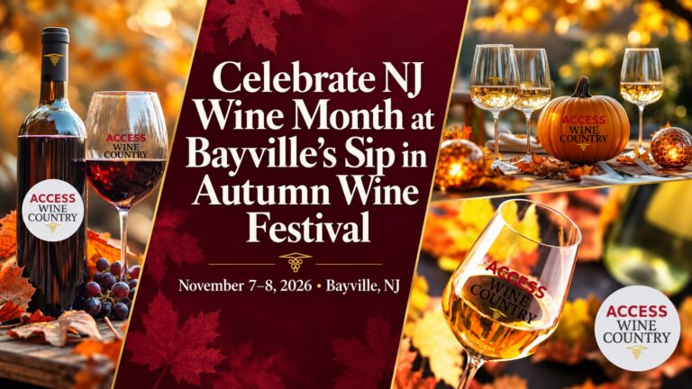Autumn wine collage with the title Celebrate NJ Wine Month at Bayville&rsquo;s Sip in Autumn Wine Festival, November 7&ndash;8, 2026, and Access Wine Country logo.
